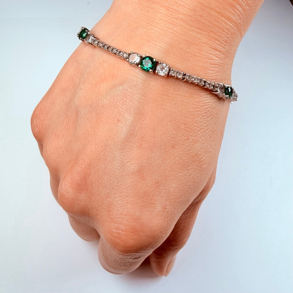 Art Deco Revival Emerald and Topaz Glass 925 Sterling Silver Tennis Bracelet - Picture 2 of 11